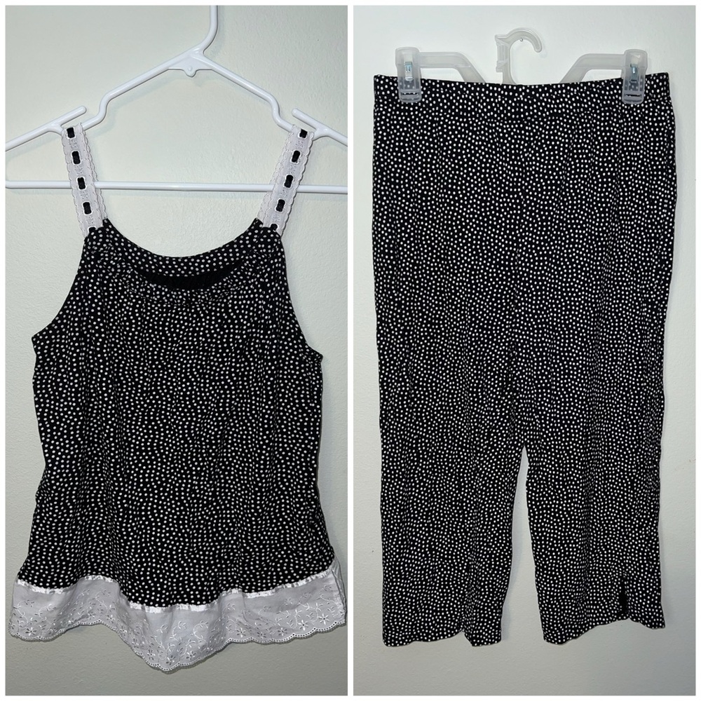 2 PIECE: Black & White Polka Dot Crop Top Tank Top AND Matching Capris! Size S.